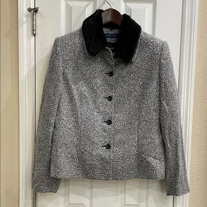 Karen Scott Black Removable Faux Fur Collar Tweed Jacket size 16 Classic Chic